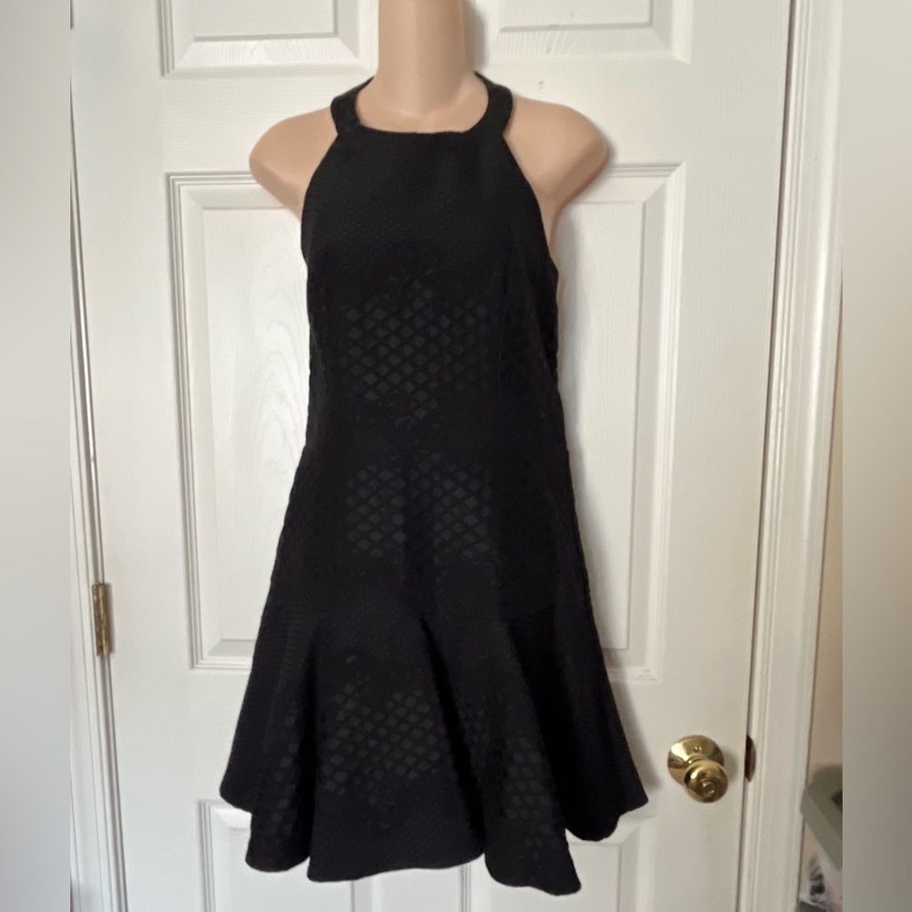 Parker Women’s Black Leona Halter Embroidered Skater Fit Flare Dress Open Back L - Picture 4 of 13